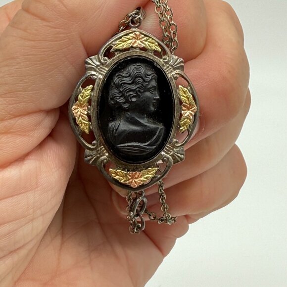 Vtg LS Peterson Mourning Pendant Sterling 14k Yellow Rose Gold Black Necklace - Picture 11 of 13